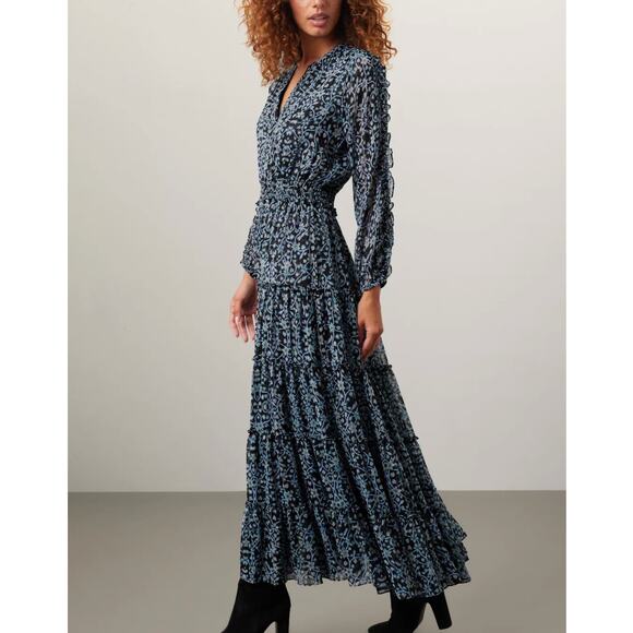 Misa Blue Tiered Ruffle Maxi Dress LARGE Chiffon Cottage Western Designer $485 - Picture 2 of 9